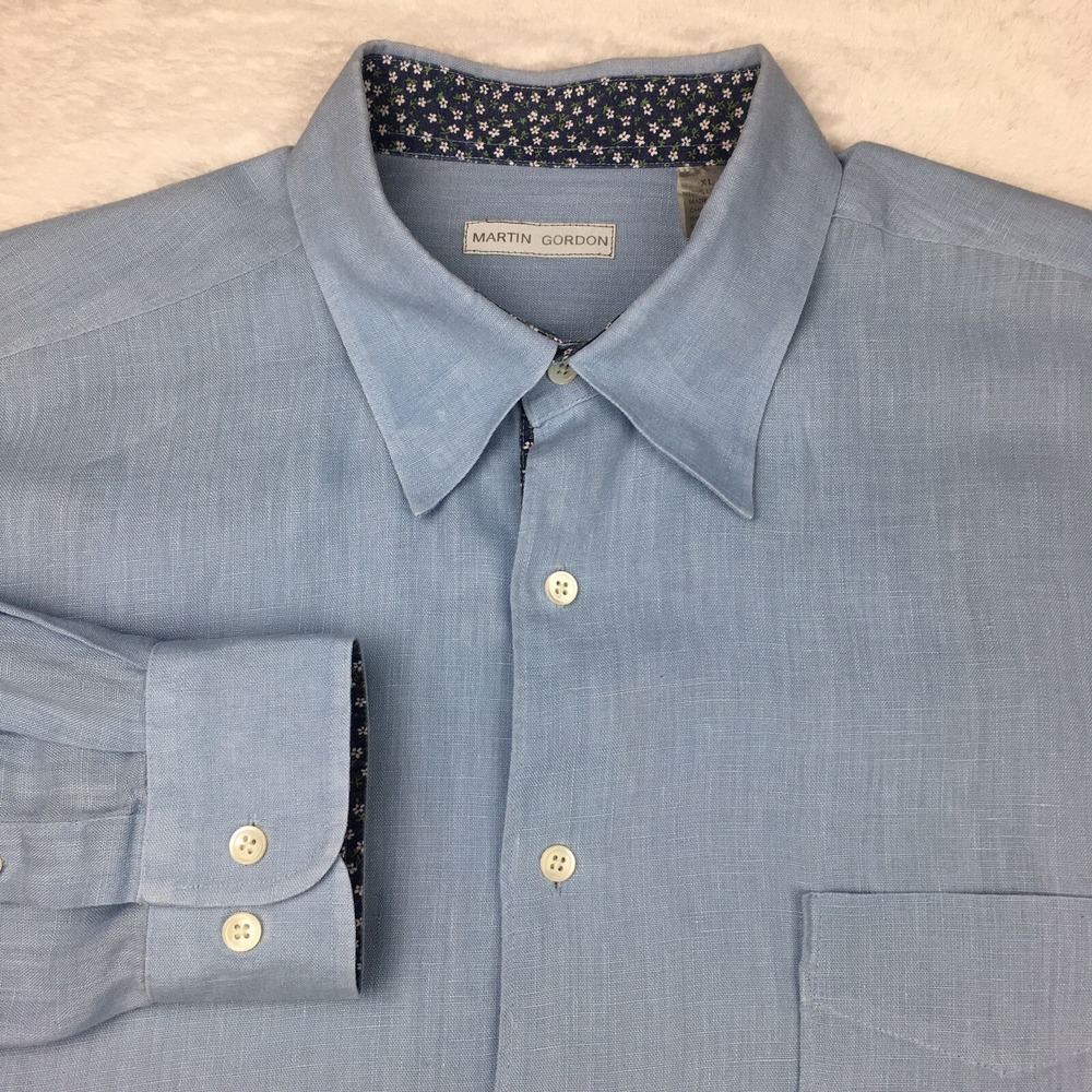 Martin Gordon Shirt Mens XL Blue 100%‎ Linen Contrasting Trim Long Sleeves